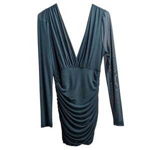 Fashion Nova Dark Green Sheer Long Sleeve Deep V Neck Bodycon Dress L